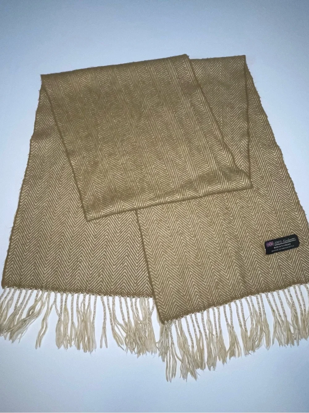 Vintage 100% Cashmere Herringbone Scarf Made in Scotland Tan Taupe Camel Fringe